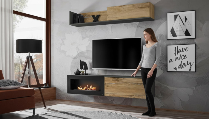 Meuble télé pour unité murale Salon Étagère Meuble TV avec Cheminée Moderne en Bois Marron