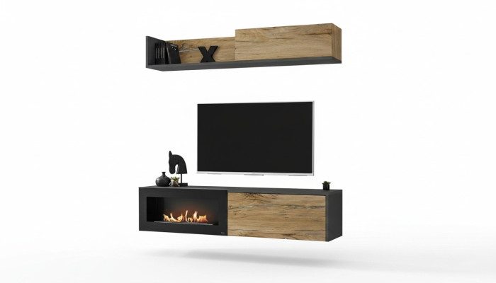 Meuble télé pour unité murale Salon Étagère Meuble TV avec Cheminée Moderne en Bois Marron