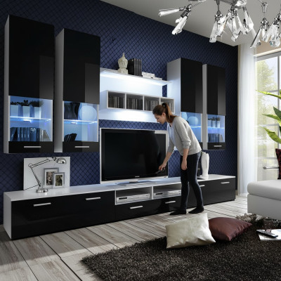 Unité murale Meuble noir Salon Designer de luxe Support TV en bois Étagère murale