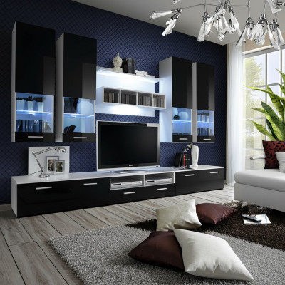 Unité murale Meuble noir Salon Designer de luxe Support TV en bois Étagère murale