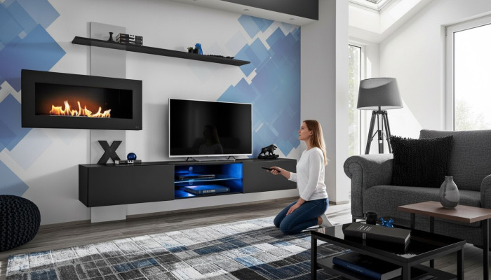 Mur noir avec unité murale et cheminée Salon Designer Mobilier Moderne Télé Stand