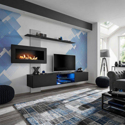 Mur noir avec unité murale et cheminée Salon Designer Mobilier Moderne Télé Stand