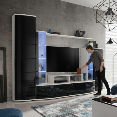 Ensemble de salon de luxe avec unité murale noire, vitrine, support TV en bois. Nouveau mobilier.