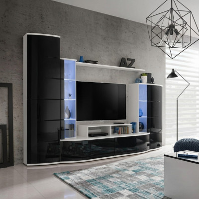 Ensemble de salon de luxe avec unité murale noire, vitrine, support TV en bois. Nouveau mobilier.