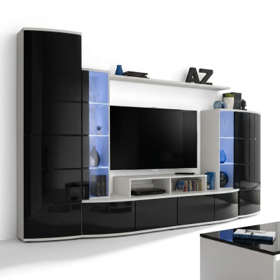 Ensemble de salon de luxe avec unité murale noire, vitrine, support TV en bois. Nouveau mobilier.