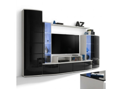 Ensemble de salon de luxe avec unité murale noire, vitrine, support TV en bois. Nouveau mobilier.
