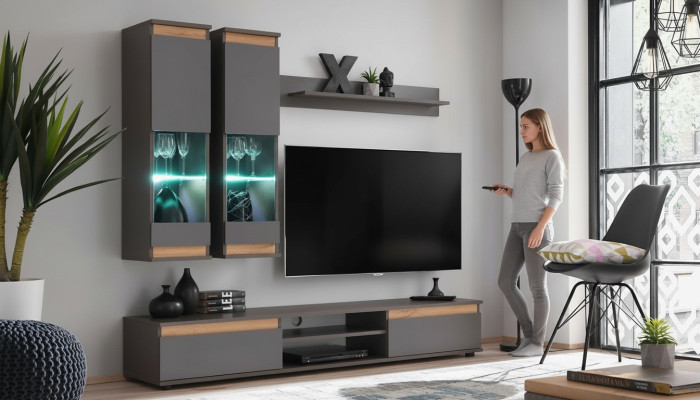 Unité murale de luxe avec support TV en bois, designeur de salon gris, meuble mural de rangement.