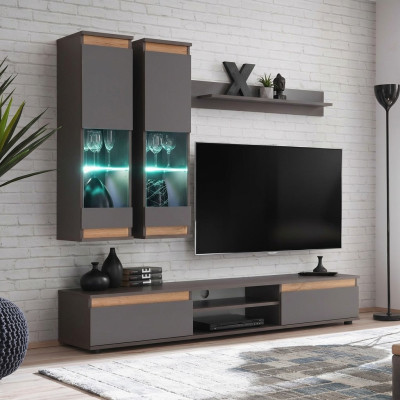 Unité murale de luxe avec support TV en bois, designeur de salon gris, meuble mural de rangement.