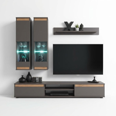 Unité murale de luxe avec support TV en bois, designeur de salon gris, meuble mural de rangement.