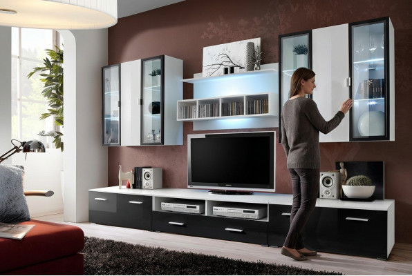 Unité murale de design moderne, meuble TV bas en bois, mobilier de salon, ameublement TV.