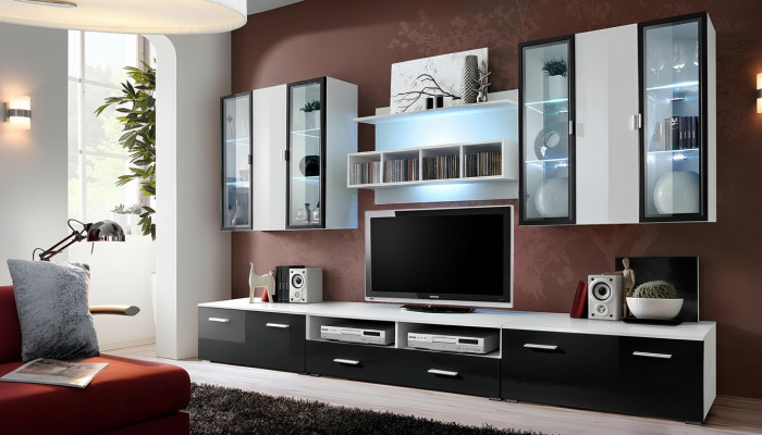 Unité murale de design moderne, meuble TV bas en bois, mobilier de salon, ameublement TV.