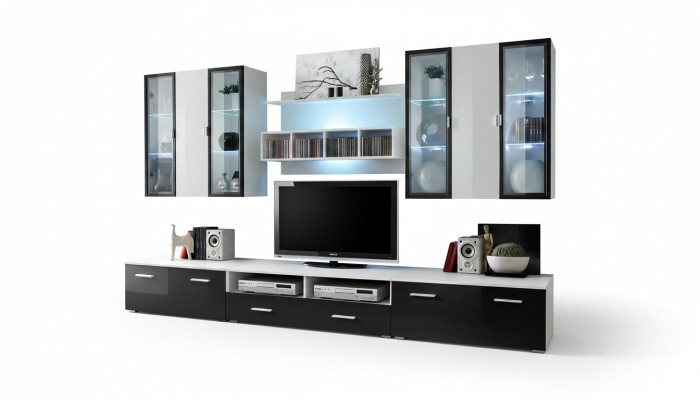 Unité murale de design moderne, meuble TV bas en bois, mobilier de salon, ameublement TV.