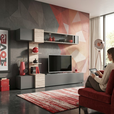 Ensemble mural moderne design pour salon avec étagères grises et support TV
