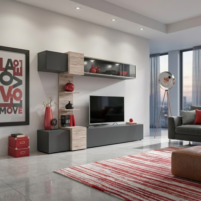 Ensemble mural moderne design pour salon avec étagères grises et support TV