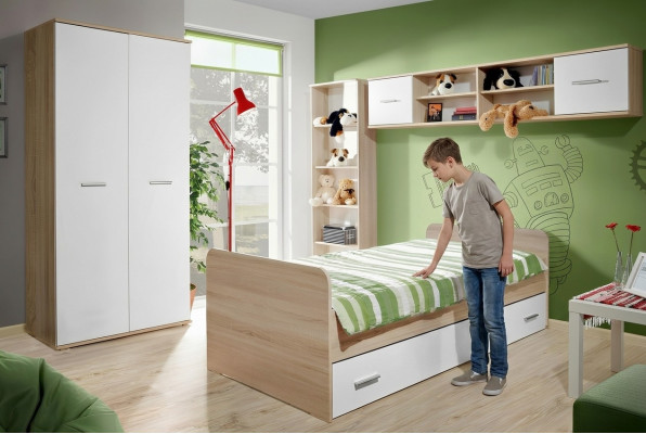 Chambre d'enfants Lit complet Armoire Bibliothèque Étagère murale Ensemble 5 pièces
