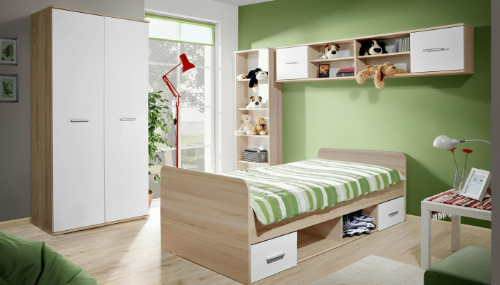 Chambre d'enfants Lit complet Armoire Bibliothèque Étagère murale Ensemble 5 pièces
