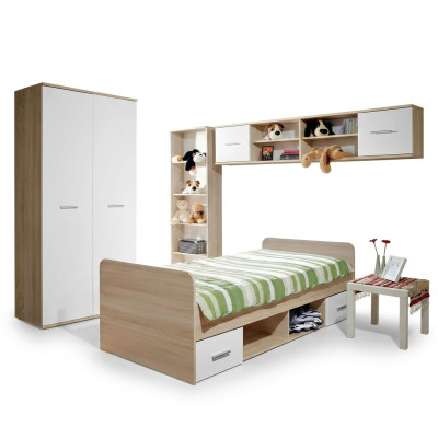 Chambre d'enfants Lit complet Armoire Bibliothèque Étagère murale Ensemble 5 pièces