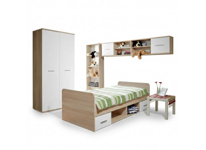 Chambre d'enfants Lit complet Armoire Bibliothèque Étagère murale Ensemble 5 pièces
