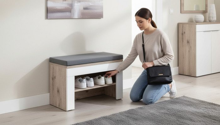 Meuble à chaussures gris avec coussin Design moderne Nouveaux meubles Meuble à chaussures en bois