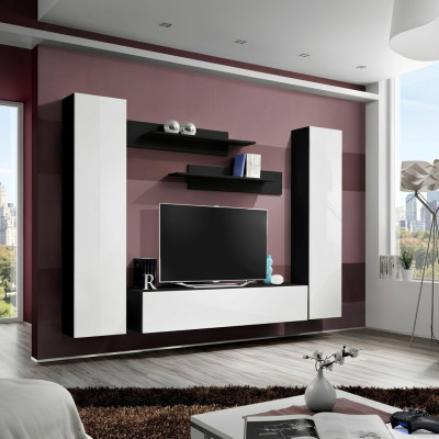 Mur de salon blanc au design moderne avec meuble TV et armoire encastrée neuve