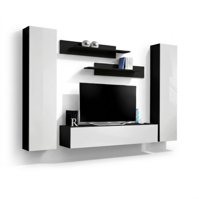 Mur de salon blanc au design moderne avec meuble TV et armoire encastrée neuve