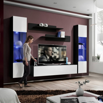 Meuble mural en bois pour salon support de TV design moderne étagères