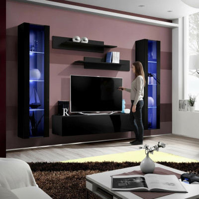Meuble de salon bas mobile en bois avec étagères au design noir moderne ensemble de 5 pièces