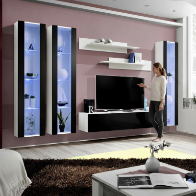 Mur de salon moderne avec étagères et vitrine suspendue design meubles