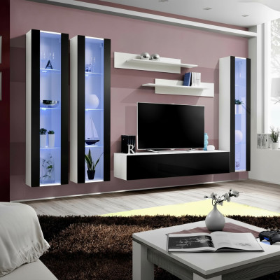Mur de salon moderne avec étagères et vitrine suspendue design meubles