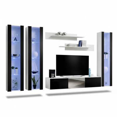 Mur de salon moderne avec étagères et vitrine suspendue design meubles