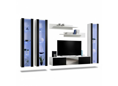 Mur de salon moderne avec étagères et vitrine suspendue design meubles