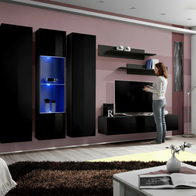Ensemble de salle murale 6 pièces de luxe pour salon, meuble TV en bois, étagère murale et armoire murale.