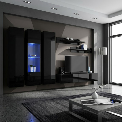 Ensemble de salle murale 6 pièces de luxe pour salon, meuble TV en bois, étagère murale et armoire murale.