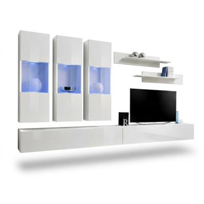 Meuble TV de salon Vitrine suspendue Unité murale en bois Design Blanc Moderne Nouveau Ensemble 7 pièces.