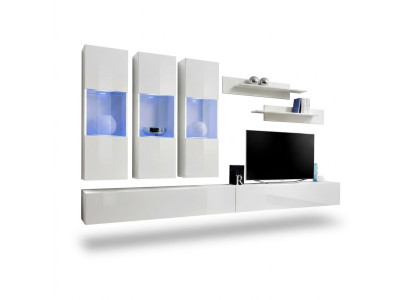 Meuble TV de salon Vitrine suspendue Unité murale en bois Design Blanc Moderne Nouveau Ensemble 7 pièces.