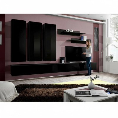 Ensemble complet 7 pièces Unité murale noire Armoire murale Meuble en bois Mobilier de luxe Nouveau