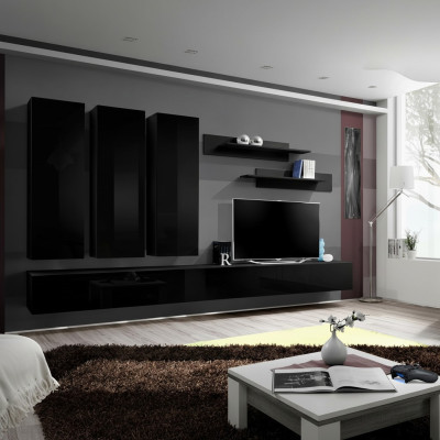 Ensemble complet 7 pièces Unité murale noire Armoire murale Meuble en bois Mobilier de luxe Nouveau