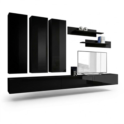 Ensemble complet 7 pièces Unité murale noire Armoire murale Meuble en bois Mobilier de luxe Nouveau