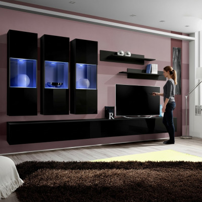 Ensemble de 7 pièces de mobilier mural en bois 2x supports TV étagères murales modernes noires