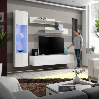 Meubles de salon Unité murale blanche Designer Stand TV de luxe Vitrine suspendue Étagères
