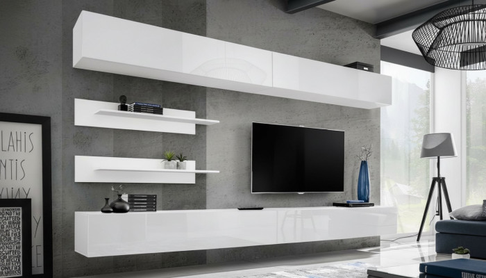 Ensemble mural blanc pour salon comprenant 6 pièces de meubles modernes de luxe en bois : meuble mural, armoire murale, meuble TV bas.