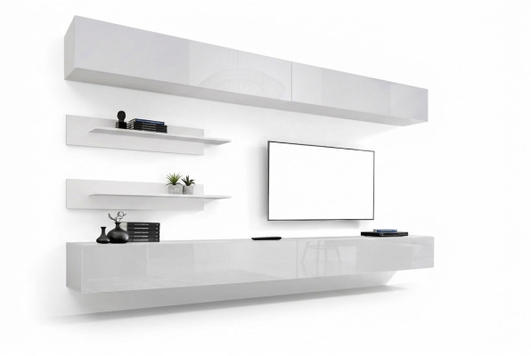Ensemble mural blanc pour salon comprenant 6 pièces de meubles modernes de luxe en bois : meuble mural, armoire murale, meuble TV bas.