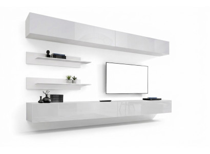 Ensemble mural blanc pour salon comprenant 6 pièces de meubles modernes de luxe en bois : meuble mural, armoire murale, meuble TV bas.