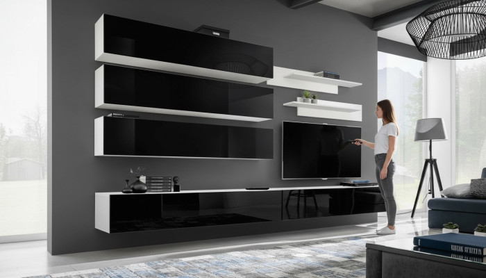 Ensemble de 7 pièces. Ensemble mural design pour le salon comprenant une armoire murale, un buffet, un meuble TV bas.