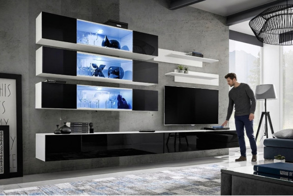 Ensemble de salon moderne de designer de luxe avec nouvelle unité murale, armoire murale et meuble télé bas.