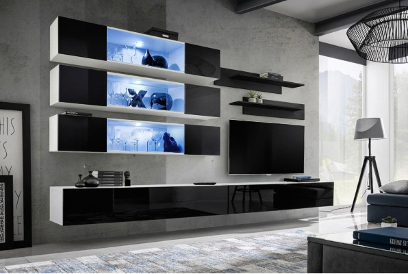 Ensemble de salon moderne de designer de luxe avec nouvelle unité murale, armoire murale et meuble télé bas.