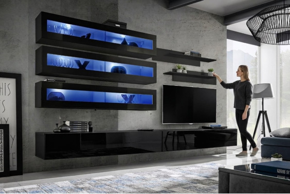 Unité murale Étagère murale Design Meuble TV Meuble bas Meuble mural Salon Bois Mobilier neuf