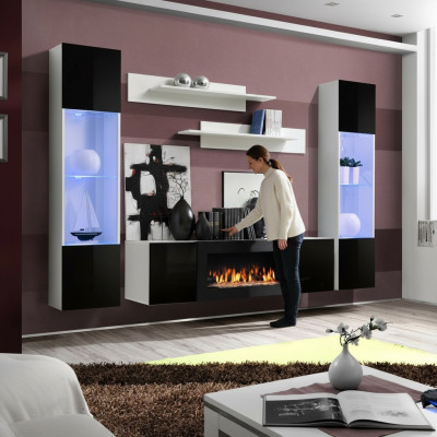 Salle de séjour Unité murale TV Meuble bas Étagère Design de luxe Ensemble 5 pièces Mobilier moderne neuf
