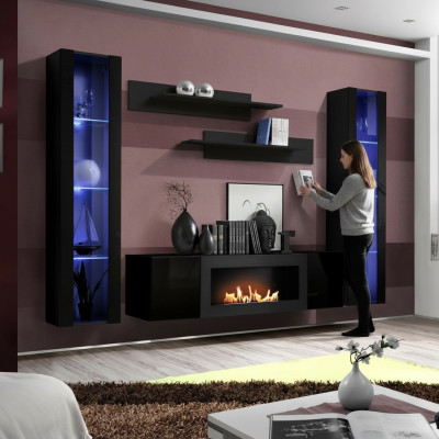 Ensemble complet de 5 pièces - Unité murale de luxe noire en bois avec vitrine suspendue design.