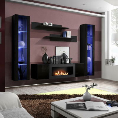 Ensemble complet de 5 pièces - Unité murale de luxe noire en bois avec vitrine suspendue design.